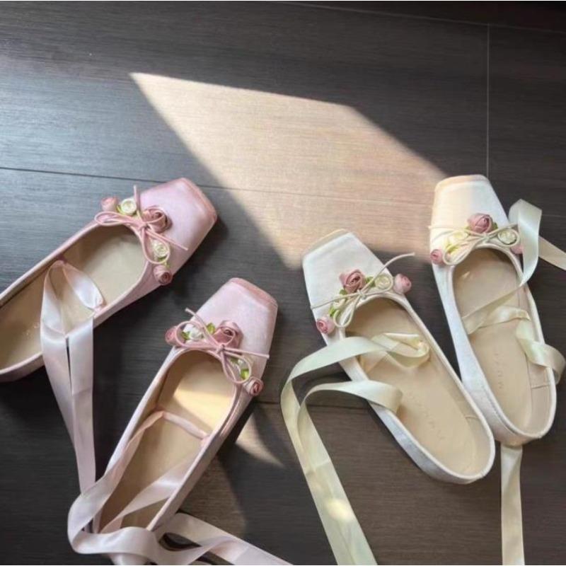 New Women's Flat Footwear Pink Ballet Women Single Shoes Fashion Lace Up Girl Mary Jane Shoes Sweet Flowers Ladies Loafers