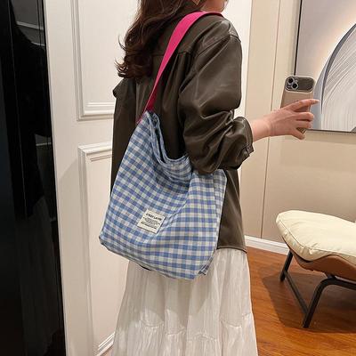 Women Contrast Color Lattice Magnetic Buckle Bucket Bag Leisure Canvas Cloth Shoulder Bags Tote Handbag