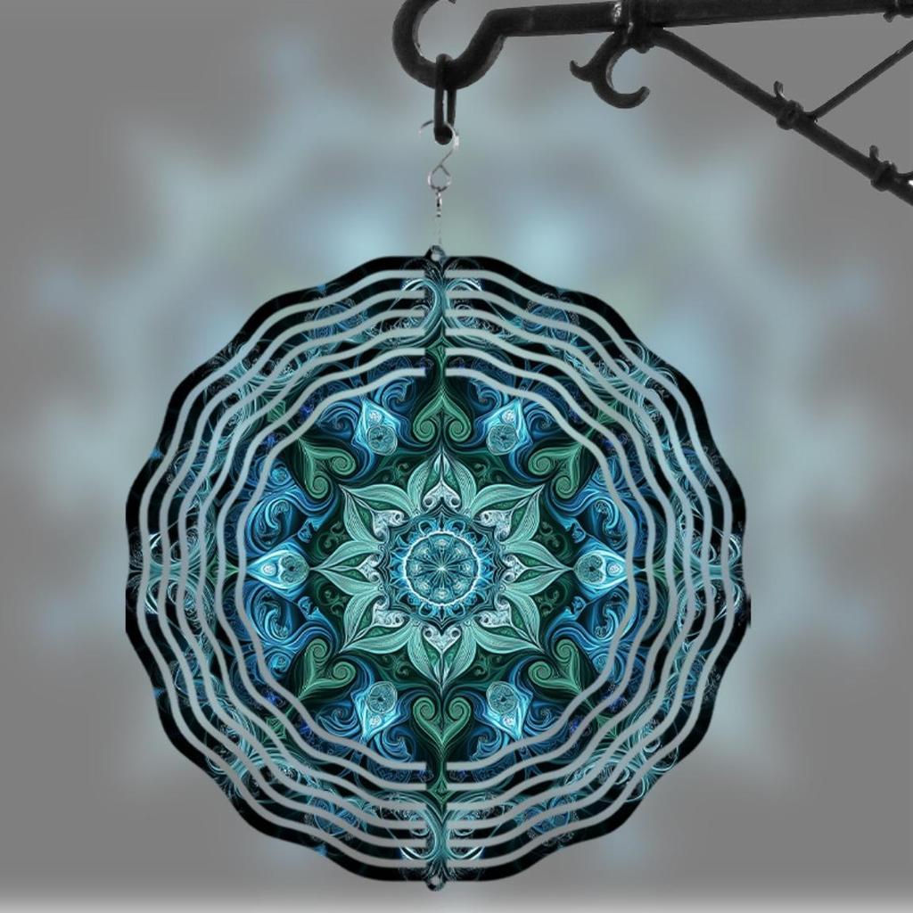 Vibrant Blue Green Geometric Wind Chime 10 Inch Outdoor Metal Garden Sculpture with Intricate Patterns Ideal for Spring Summer Fall Winter Decor