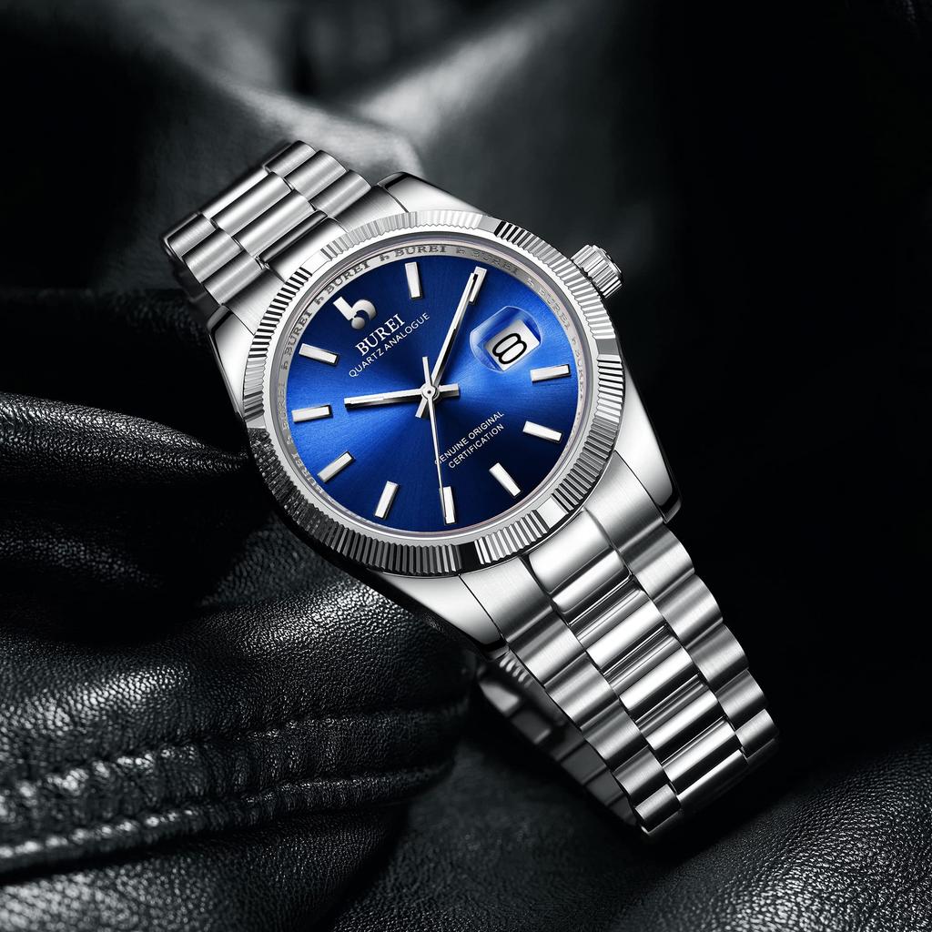 BUREI Analog Popular Waterproof Quartz Business Simple Silver with Blue Luminous Birthday Gift Men's Watch, Brand, Movement, Watch, Fashionable,