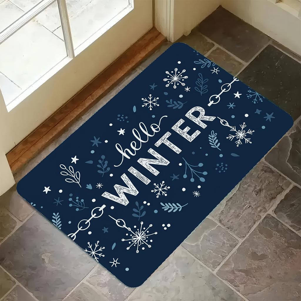 Serene Light Gray Snowman Blue Hat Let It Snow Tree Print Durable Washable Floor Mat For Soft Winter Home Indoor Mat
