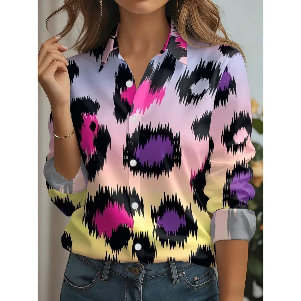 Plus Size Women's Shirt Elegant Cat Printed Spring Autumn Blouse Top