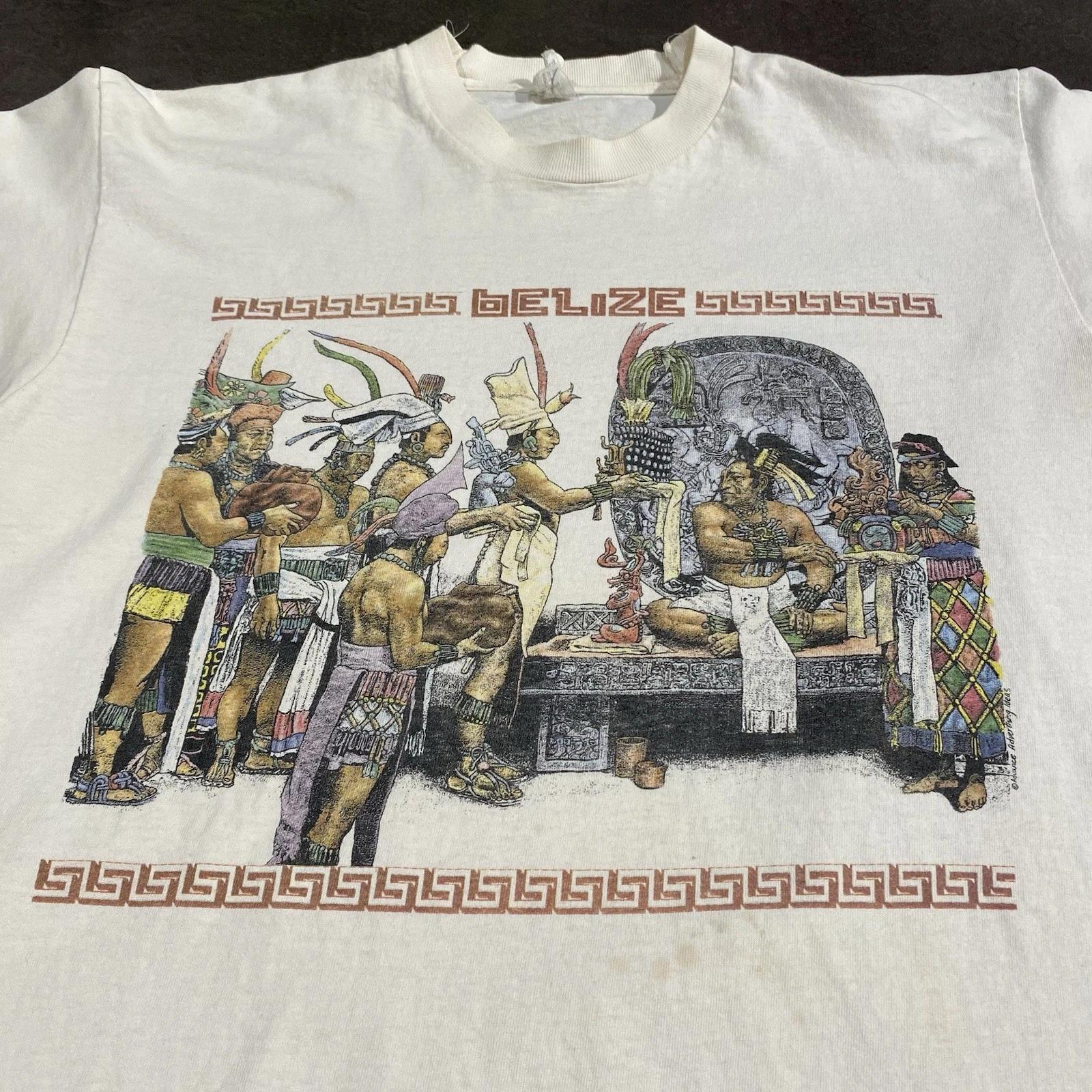 Vintage 80s 90s Belize Mayan Aztec White T Shirt Mexico Art Museum Mexican 3XL