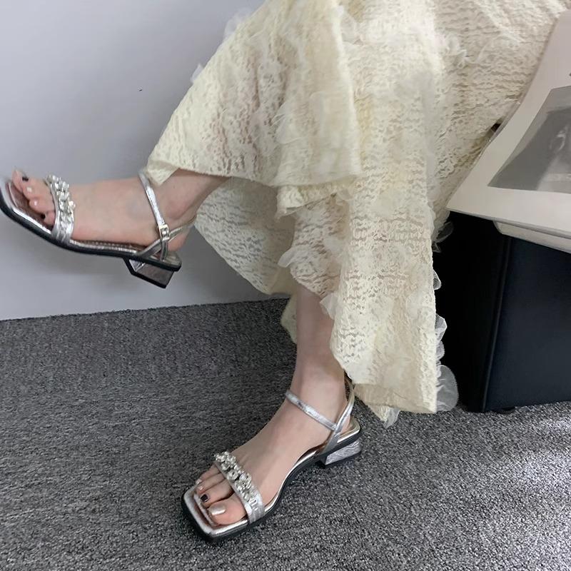 French rhinestone word with sandals thick heel high heels summer new silver cool slippers with skirt fairy shoes