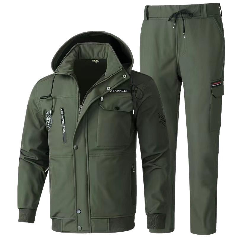 Men's Fleece-Lined Camouflage Workwear Set - Thick, Warm, Dirt & Wear-Resistant, Cold-Proof Cotton for Autumn/Winter.