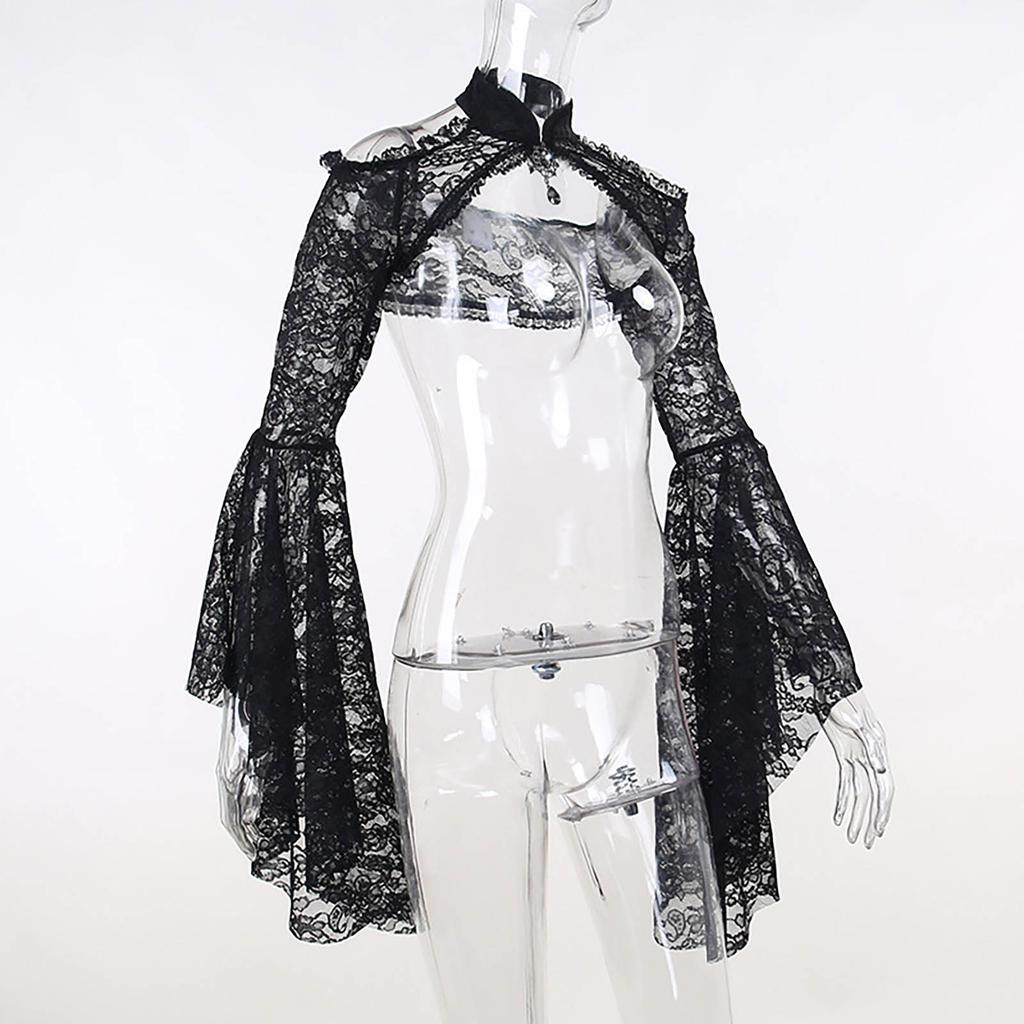Gothic See Through Shrug Tops Grunge Aesthetic Black Flare Sleeve Crop Top Women Streetwear Vintage Punk Sexy Clothing
