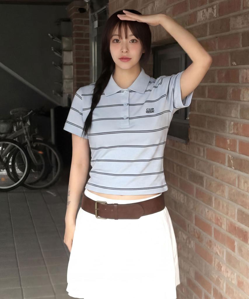 CGP (Women) Striped Short Sleeve Collared T-Shirt - Sky Blue