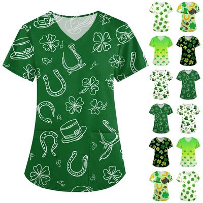 Women's  Printed Loose V-Neck Pocket Short-Sleeve Uniform