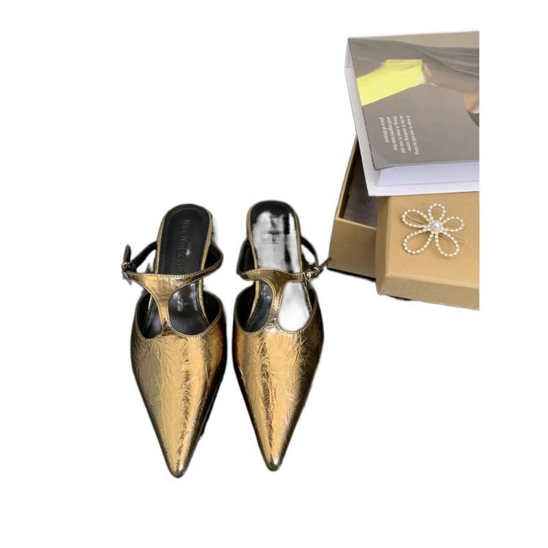 Spring and summer 2025 new bag head French half slippers outer wear thick heel retro T word with pointed head single shoes women's shoes