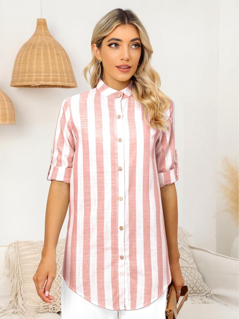 Plus Size Women's Long Sleeve Striped Casual Shirt with Roll-Up Sleeves