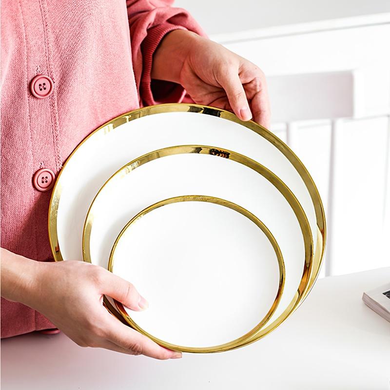 Ceramic Plate Round White Phnom Penh Silver 6/8/10Inch Edge Nordic El Bone Porcelain Western Snack Dish Home Kitchen Supplies