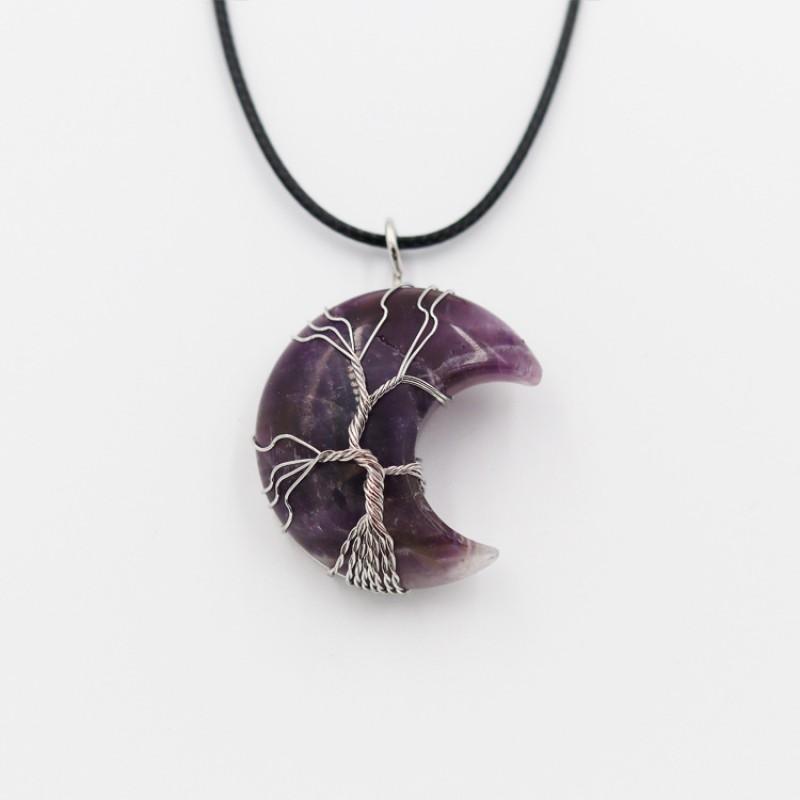 Handcrafted Geometric Moon Pendant Necklace With Natural Stone Wire-Wrapped Tree Design Women