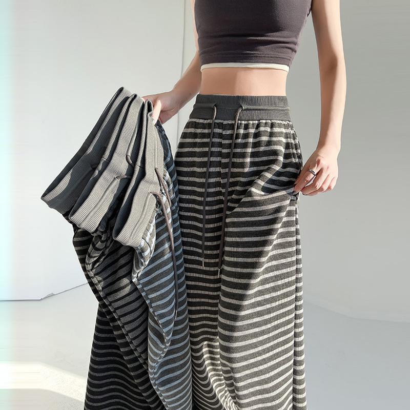 Dámské jarní kalhoty s širokými nohavicemi, s vysokým pasem, splývavé, s texturou, ležérní, rovné, sahající až na zem