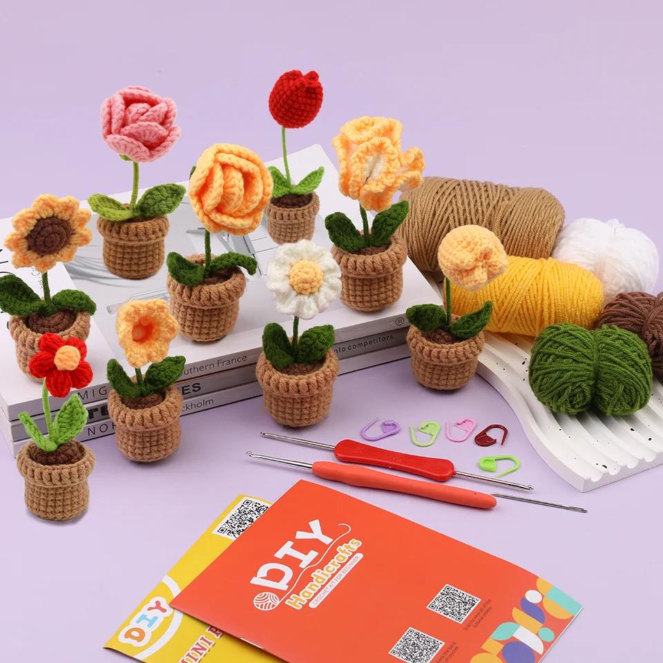 3/6pcs Crochet Potted Flower Kit for Beginners with Video Tutorial Cotton Knitting Yarn Thread Needles Hooks Knit Tool Set