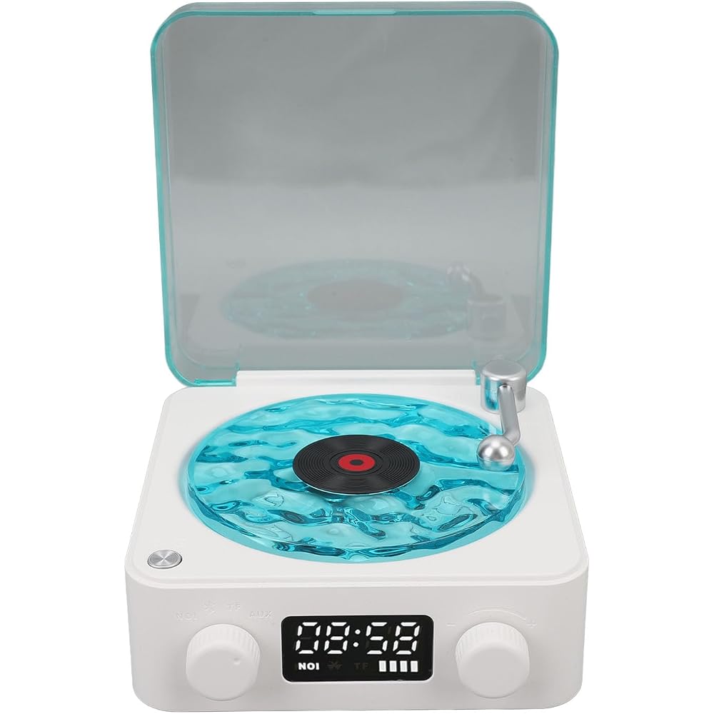 Generic Record Player Speaker with Weather and Battery Display, Portable for Living Room (White)