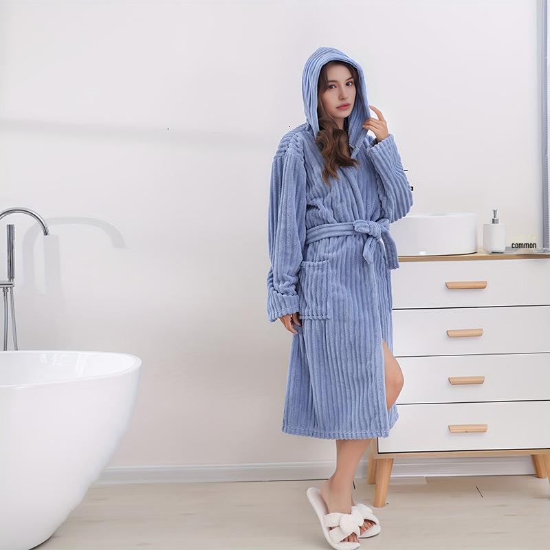 Women's Hooded Candy Stripe Bathrobe - Absorbent Sleepwear with Drawstring
