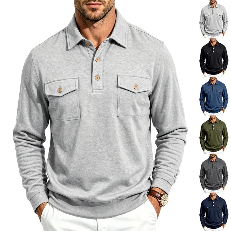 Men S Long Sleeve Polo Sweatshirt Casual Multi Pockets Turn Down Collar