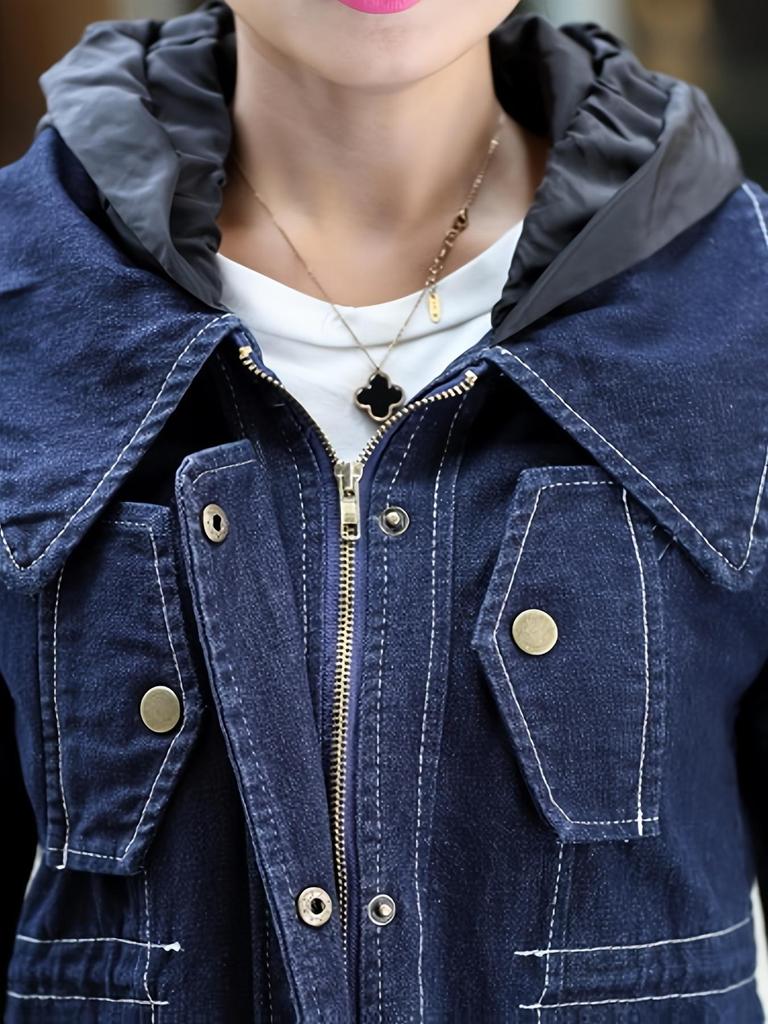 Real Shot Women's A-line Denim Windbreaker, Trendy Autumn-Winter Korean-Style, Mid-Length Plus Size, 36366
