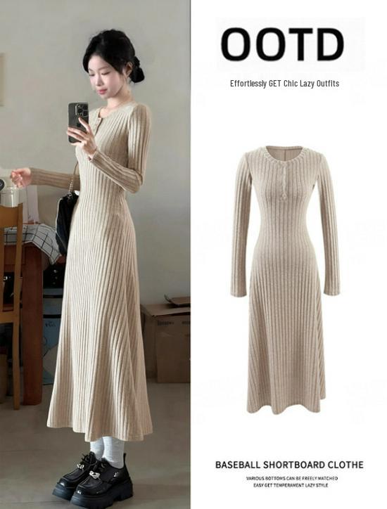 

Women s Oatmeal Ribbed Coat with Knitted Dress, Autumn/Winter, Cinched Waist, High-End Drape, Includes Inner Long Skirt L