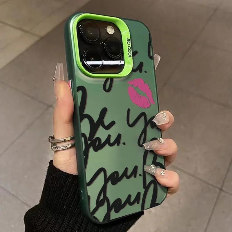 English Letter Lips Label Phone Case For iPhone 16 15 Pro Max 14 13 12 11 Pro XR XS 7 8 16 Plus SE2 Shockproof Cover