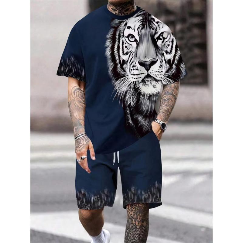 2024 New Crew Neck Short Sleeve T-shirt Fashion Shorts Set 3D Lion Print Short Sleeve Shorts 2-piece Men's Summer Sports Set