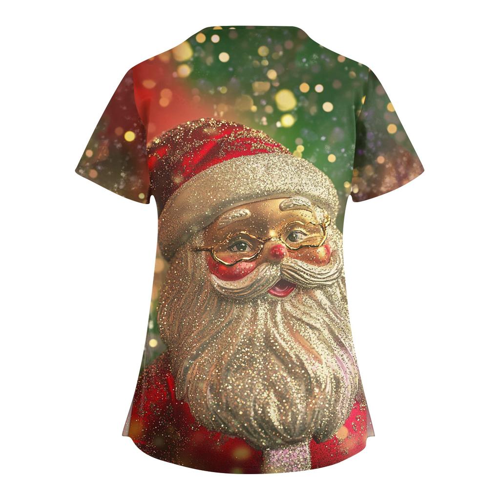 Damen Modische V-Ausschnitt Arbeitskleidung Weihnachten Bedruckt Kurzärmlig Tasche Seitenschlitz Arbeitskleidung Basic Pullover Top