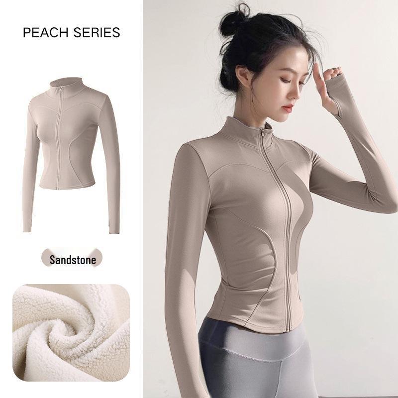 Women's Plush Slim Fit Zipper Yoga Jacket - Thickened, Elastic Long Sleeve, Stand Collar, Warm Autumn & Winter Top