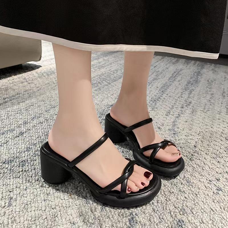 Fairy Style Thick Heel Cool Slippers Female Summer Wear 2025 New Fashion Word with High Heels Foot Cover Women Half Drag