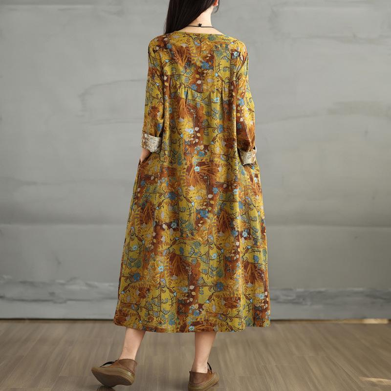 2025 Autumn New Retro Cotton and Linen Printing Round Neck Long-sleeved Dress for Women Loose Large Size Thin A-shaped Dress for Women