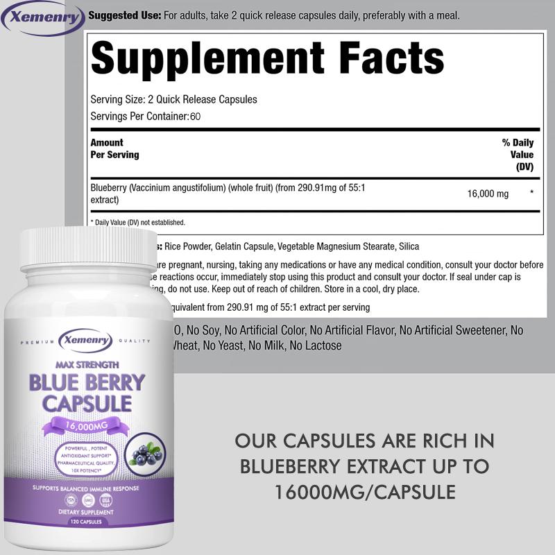XEMENRY Blueberry Capsules Contain Anthocyanins, Vitamins, and Natural Antioxidants To Support Cholesterol Health and Cognitive Function.