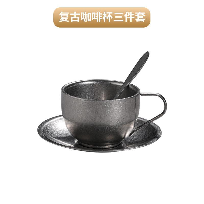 BR304 Stainless Steel Coffee Cup Retro Double-layer Heat-resistant Mug Silver Coffee Cup Afternoon Tea Cups and Saucer Set TeacupEY
