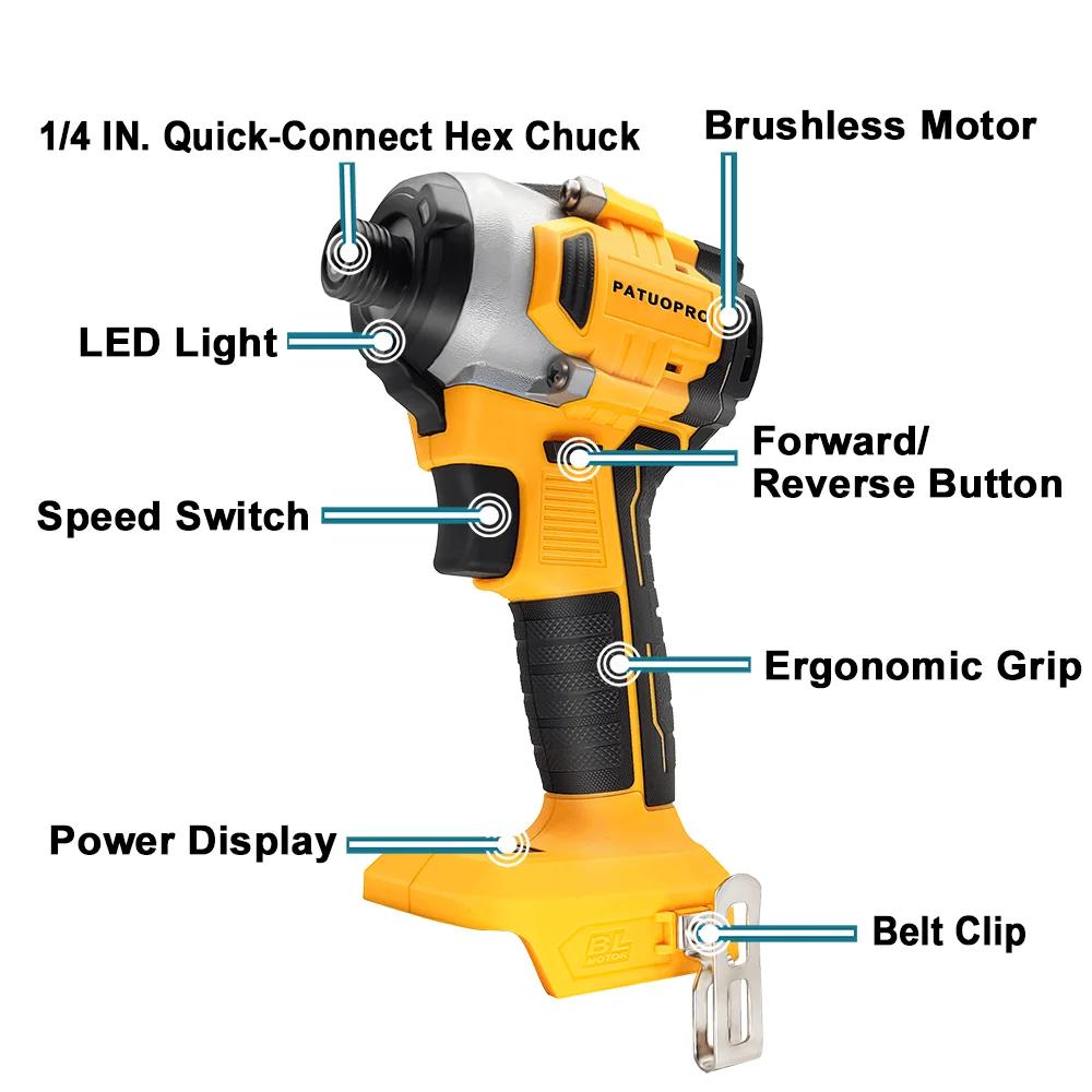 PATUOPRO 4-Speed Brushless lmpact Screwdriver 250N.m Cordless Drill Driver 2-Mode Power Tools For Makita 18V Battery(No Battery)