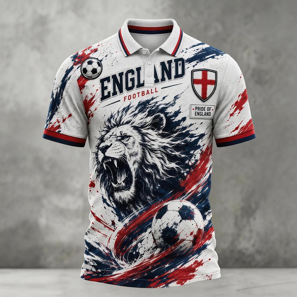 Men's Football Polo Shirt England Inspired Classic Fit Short Sleeve Sports Jersey Breathable Lightweight Fabric
