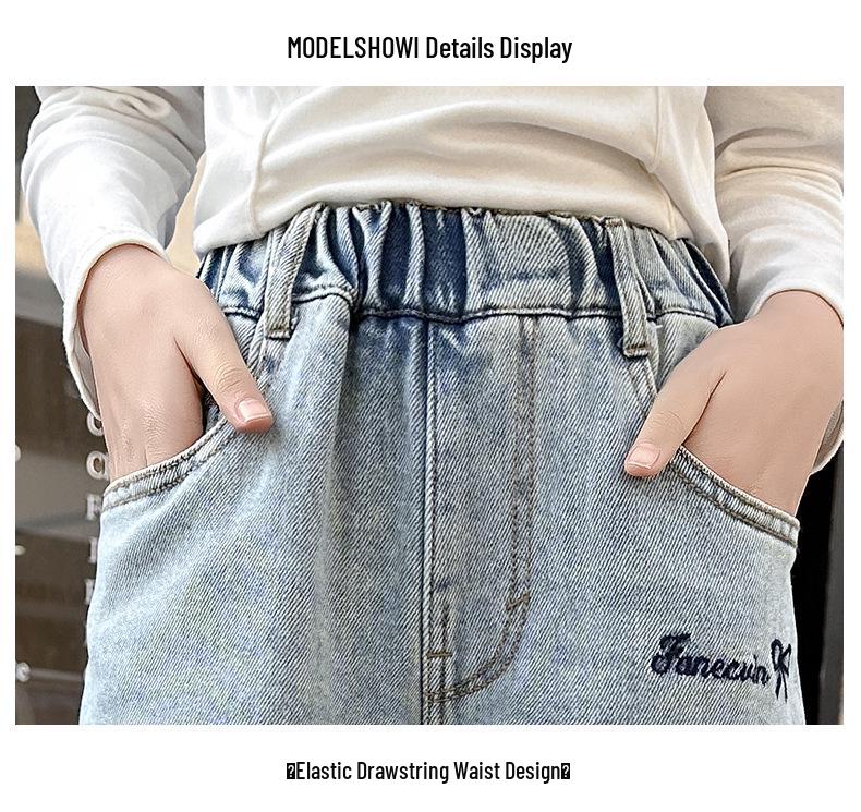 Girls' Spring 2025 Embroidered Butterfly Wide Leg Jeans - Korean Style Straight Leg Denim for Older Children