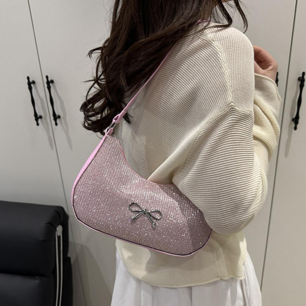 Shiny Underarm Tote Bag Solid Color Women Handbag Fashion Bowknot Shoulder Bag  Girls