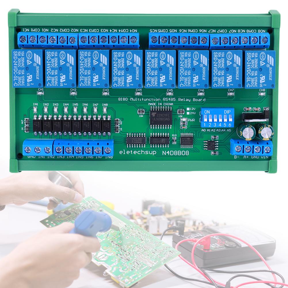 DC 12V 24V 8CH Isolierter Eingang 8CH Ausgang UART RS485 Relaismodul DIN35 C45 Schiene Modbus RTU Steuerschalterplatine