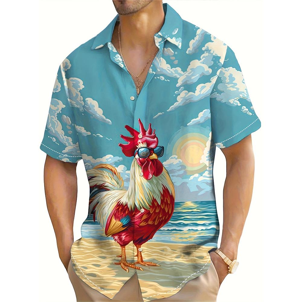 Summer Funny Beach Vacation Chicken Print Men's Short Sleeve Shirt Hawaiian Seaside Vacation Wear Oversized Men's Shirts Top