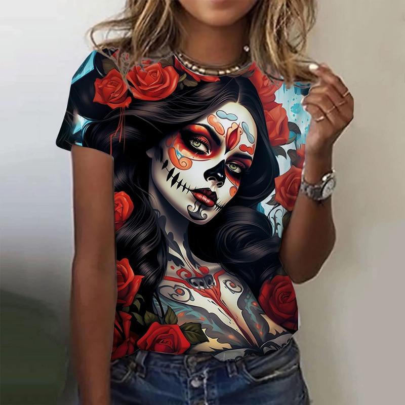 Mexican Day of the Dead Women's T Shirt 3D Print Rose Catrina Goddess O-Neck Short Sleeve Tees Streetwear Y2k Clothing For Girls