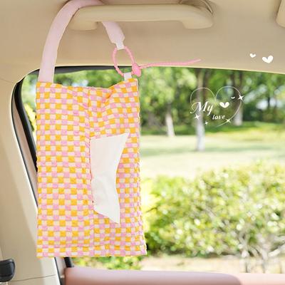 Boîte à mouchoirs de voiture en tissu à carreaux créatif suspendue à double usage sac à papier essuie-tout pour intérieur de voiture