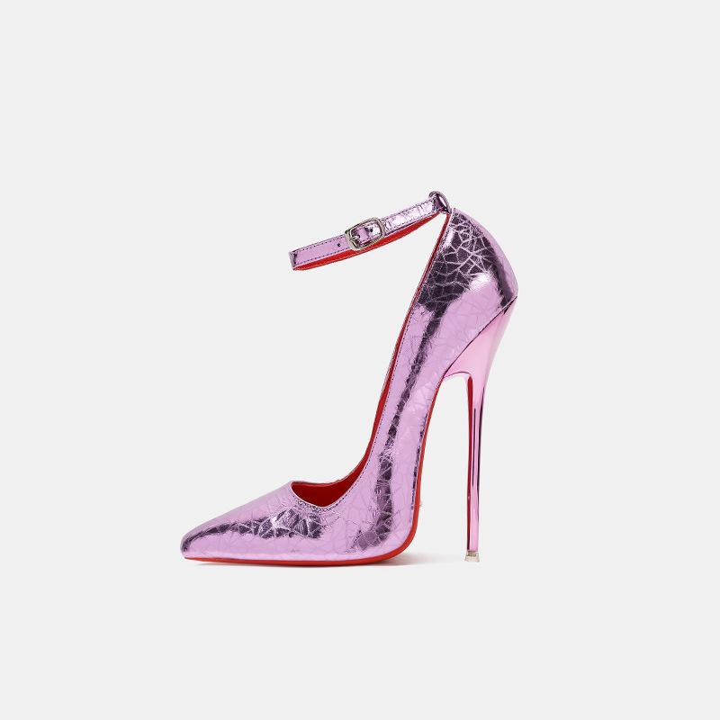 Wunderschöne 16cm Extreme High Heels Echtes Leder Stilettos Glitzernde Fetisch Knöchelriemchen Schafsleder Pumps SM Laufsteg Herrenschuhe