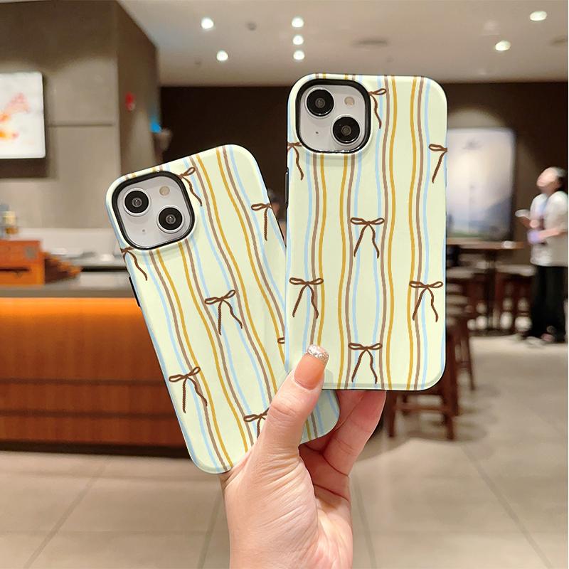 Dainty Pastel Cream Yellow Blue Brown Striped Bow Pattern Art Film Aesthetic Protective Shockproof Bumper Phone Case For iPhone 14 15 16 Pro Max Plus