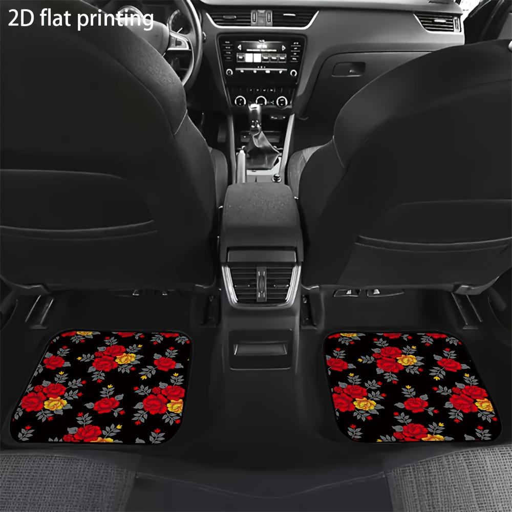 4pcs Car Floor Mats, Red Rose Floral Pattern, Universal Car Mats, Made Of Polyester Fiber, Automotive Decorative Additions, Suit