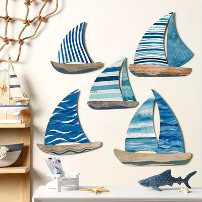 Wood Nautical Wall Decor Vintage Sailboat/Fish Wall Art Coastal Theme Wall Sculpture for Home Lake House Ocean Bathroom Decor