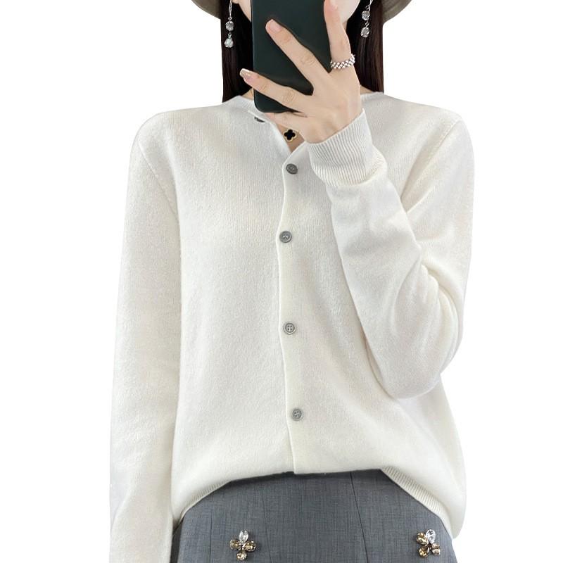 Womens Wool Knit Cardigan Sweater Round Neck Long Sleeve Lightweight Outerwear Fall Winter