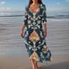 Dresses For Womens Vintage Print Tunic Waisted Midi Dress Summer Casual 3/4 Sleeve Dress