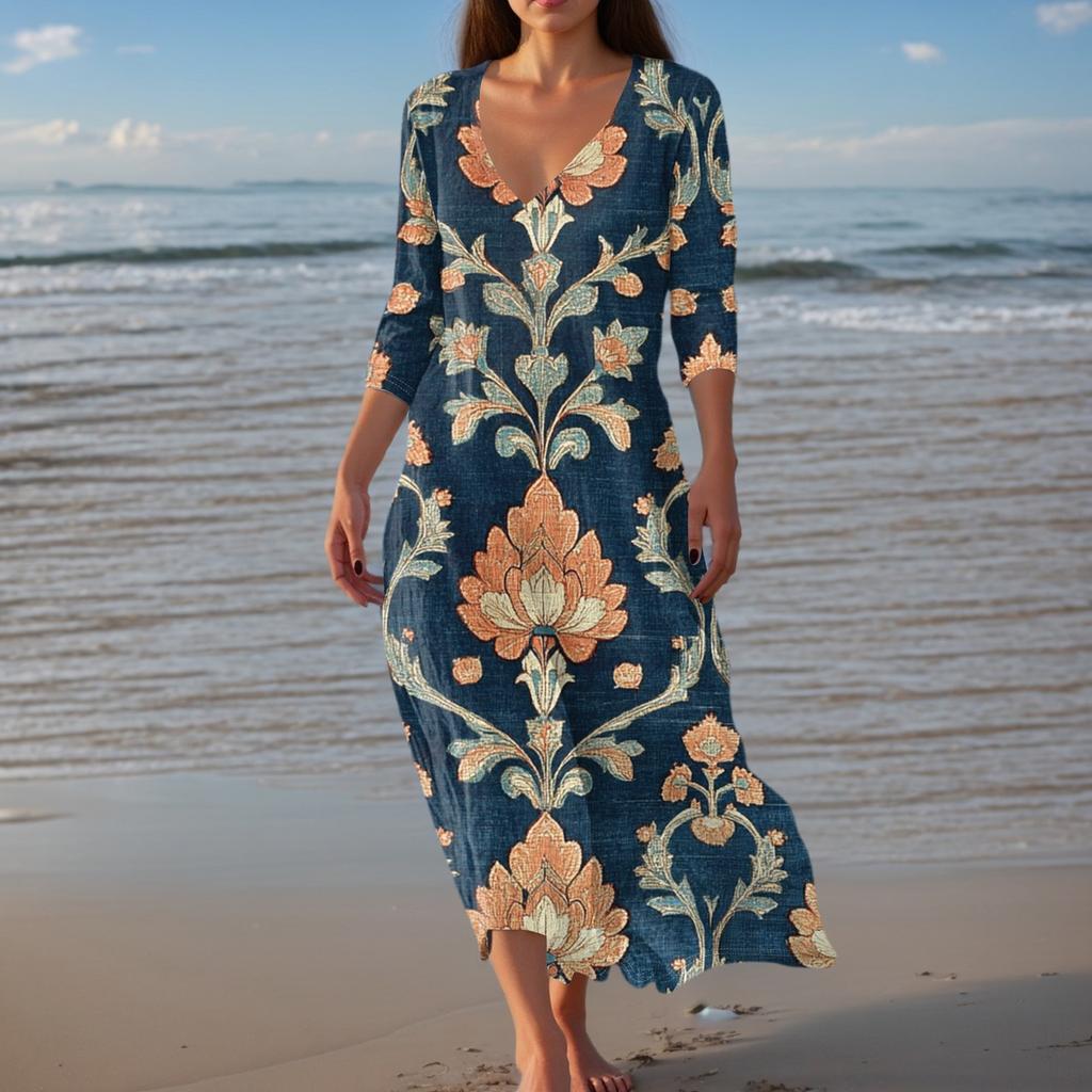 Dresses For Womens Vintage Print Tunic Waisted Midi Dress Summer Casual 3/4 Sleeve Dress