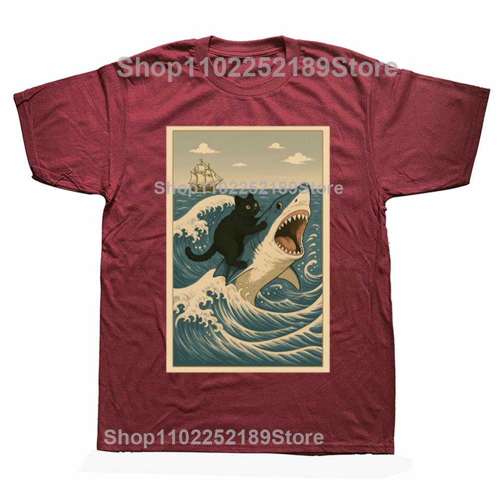 Funny Cat Riding Shark Meme Art Wave Graphic T-shirts Men Women's Fashion Casual Tshirt 100% Cotton Loose Oversized T Shirt