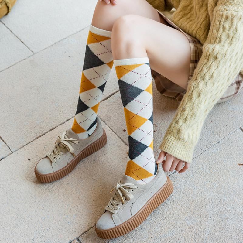 Colorful Spring Pattern ins fashion Diamond plaid Knee socks women Party Queen knee-high stockings Over Knee long ladies girls