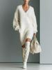 Women's Casual White V-Neck Knit Sweater Dress - Long Sleeve, Over-the-Knee for Autumn & Winter