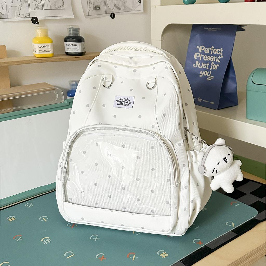Schoolbag Milk White Polka Dot Transparent Pain Bag Backpack for Junior High School Girls and Primary School Students Large Capacity Schoolbag